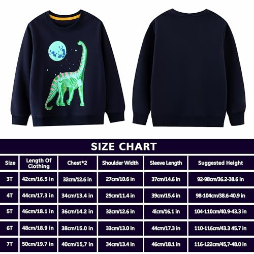 FILOWA Sweatshirt Kinder Junge Leuchtet im Dunkeln Dinosaurier Sweatshirt Astronauten Drucken Pullover Sport Marineblau Langarm Warm Baumwolle Top Jogging Sweatshirt 2-7 Jahre,Gr.92-122