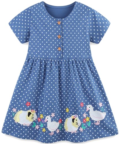 Mädchen Kleider Baumwolle Blumen Knöpfe Streifen Kurzarm T-Shirt Casual Frühling Sommer Kleid für Kinder Größe 92-122, 1-7 Jahre