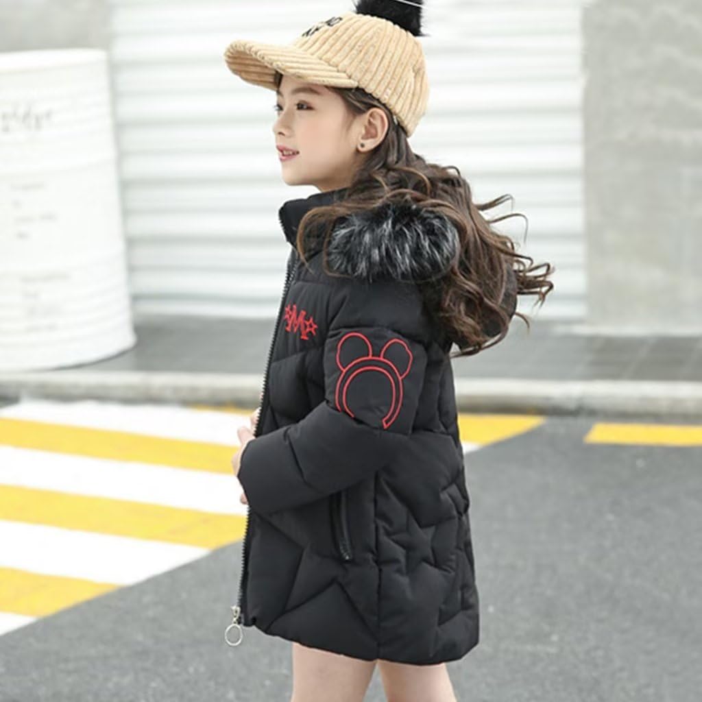 linboo Girls' Winter Jacket with Removable Fur Hood Warm Long Coat Children's Parka Outdoor Jacket with Letters and Cute Patterns