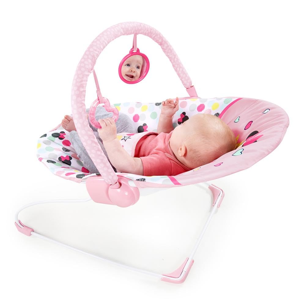 Bright Starts, Disney Baby, Minnie Mouse Spotty Dotty, Babywippe mit Vibrationen, maschinenwaschbarem Sitzpolster, rutschfesten Füßen und 2 Spielzeugen, ab 0 monate