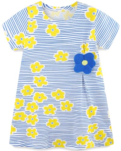 Mädchen Kleider Baumwolle Blumen Knöpfe Streifen Kurzarm T-Shirt Casual Frühling Sommer Kleid für Kinder Größe 92-122, 1-7 Jahre