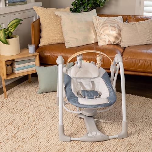 Ingenuity Hugs & Hoots zusammenklappbare & tragbare Babyschaukel, 5 Schaukelgeschwindigkeiten, 8 Melodien, 3 Naturgeräusche, Lautstärkeregulierung und Spielzeugbügel, ab der Geburt bis 9kg