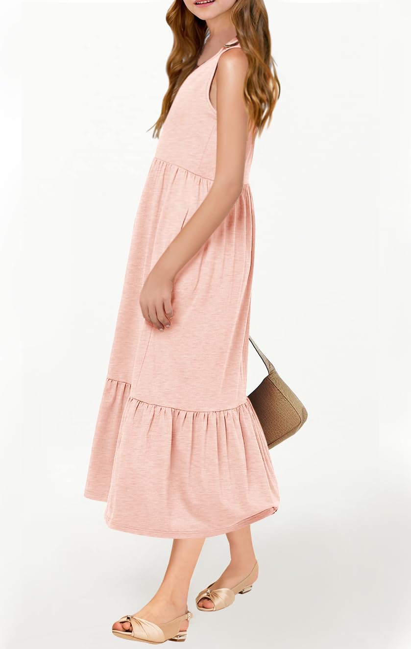 Haloumoning Girls' Dresses Summer Sleeveless Dress Round Neck Tank Top Dress Kids Long Casual Dress Sundress