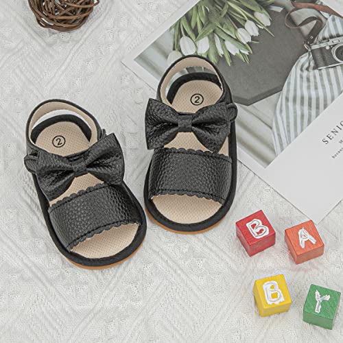 Sonsage Infant Baby Girls Boys Summer Sandals Newborn Bow Crib Sandals Outdoor Beach Toddler PU Leather Soft Rubber Sole Dress Flat First Walking Shoes, a01 Black, 3-18 Months