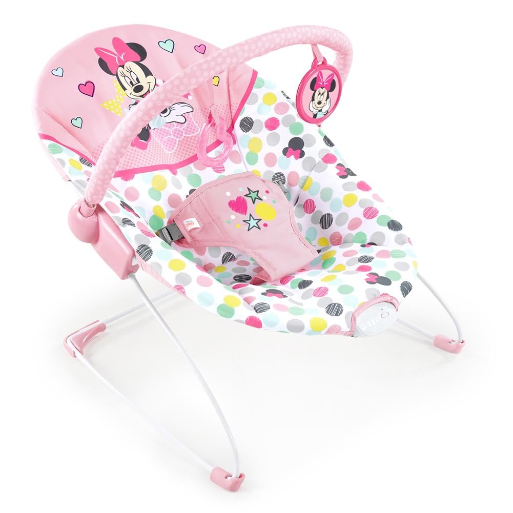 Bright Starts, Disney Baby, Minnie Mouse Spotty Dotty, Babywippe mit Vibrationen, maschinenwaschbarem Sitzpolster, rutschfesten Füßen und 2 Spielzeugen, ab 0 monate