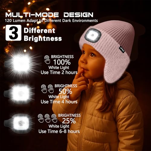 ATNKE Kinder LED Beleuchtete Ohrenklappen Mütze mit Licht,USB Wiederaufladbare 4 LED Laufmütze Stirnlampe Winter Warm Fleece Gefüttert Strick Mütze Geschenke für Jungen und Mädchen
