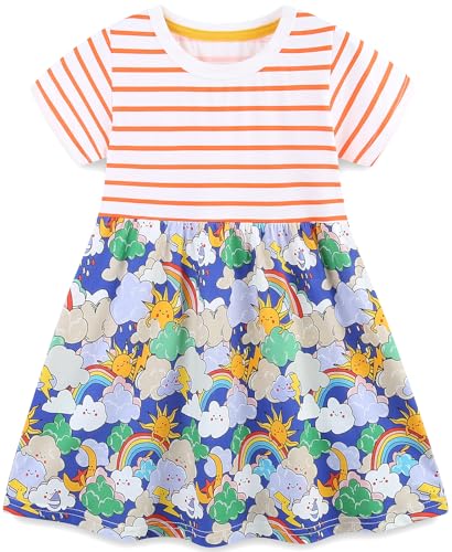 Mädchen Kleider Baumwolle Blumen Knöpfe Streifen Kurzarm T-Shirt Casual Frühling Sommer Kleid für Kinder Größe 92-122, 1-7 Jahre