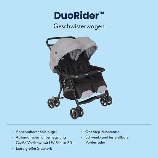 Graco DuoRider™ Double Pushchair - Baby Stroller - From Birth to 3 Years (15kg) Lightweight Quick Fold Free Standing Large Storage Basket - Includes Rain Cover - Grey - Steeple Gray