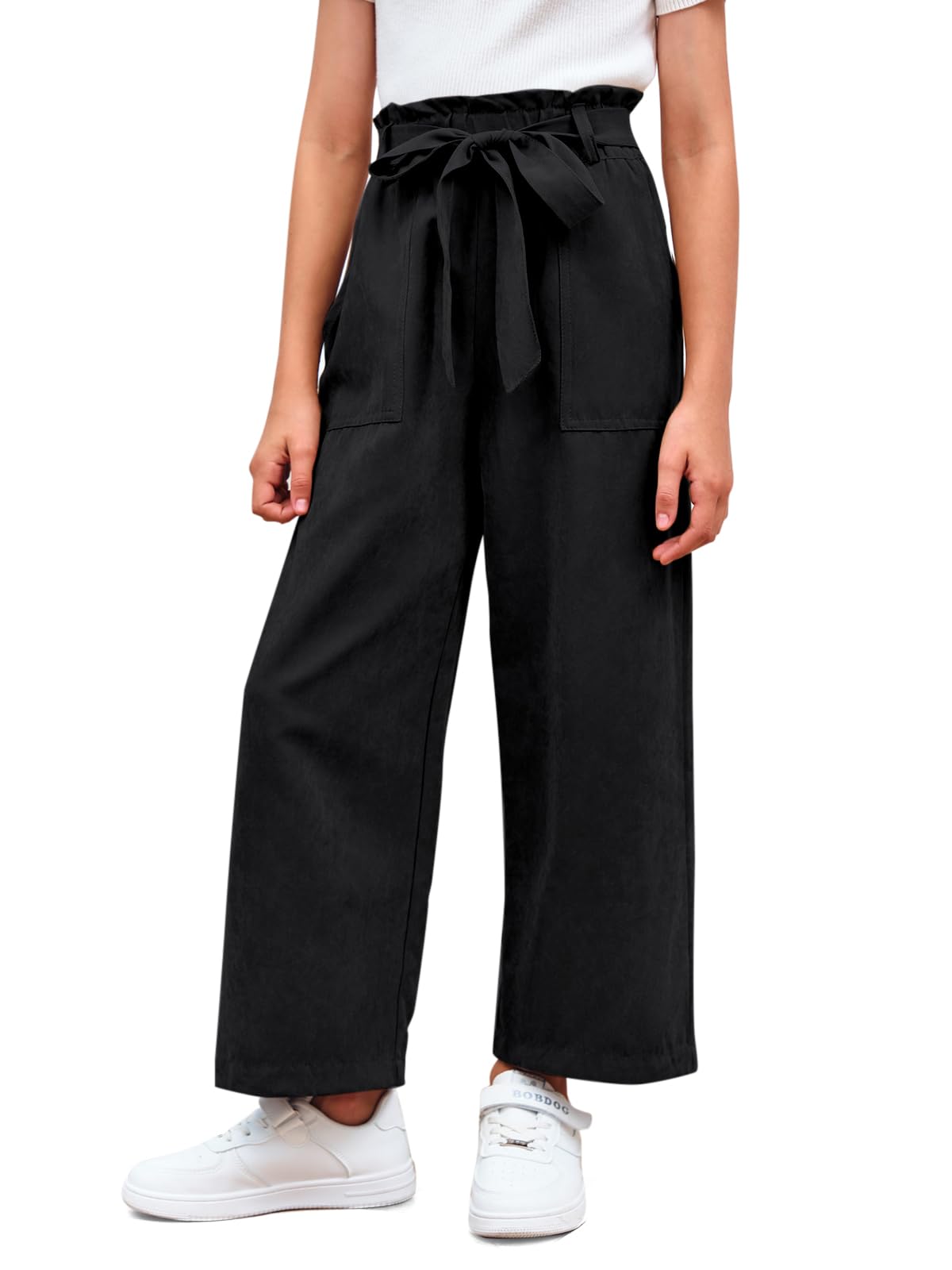 Haloumoning Mädchen Weite Hose Palazzo Hohe Taille Mode Bootcut Elastische Paperbag Freizeithose mit Gürtel