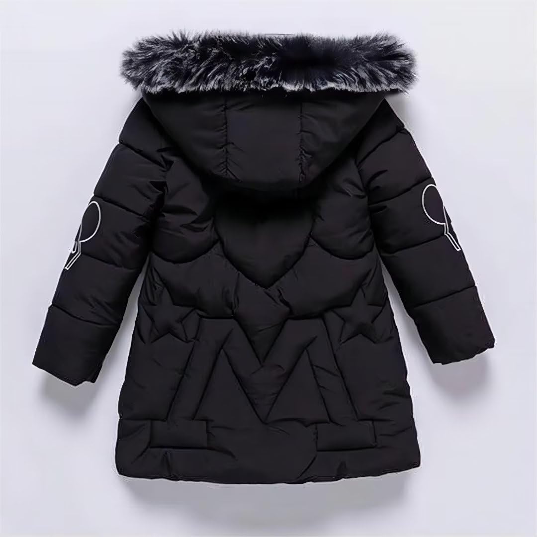 linboo Girls' Winter Jacket with Removable Fur Hood Warm Long Coat Children's Parka Outdoor Jacket with Letters and Cute Patterns