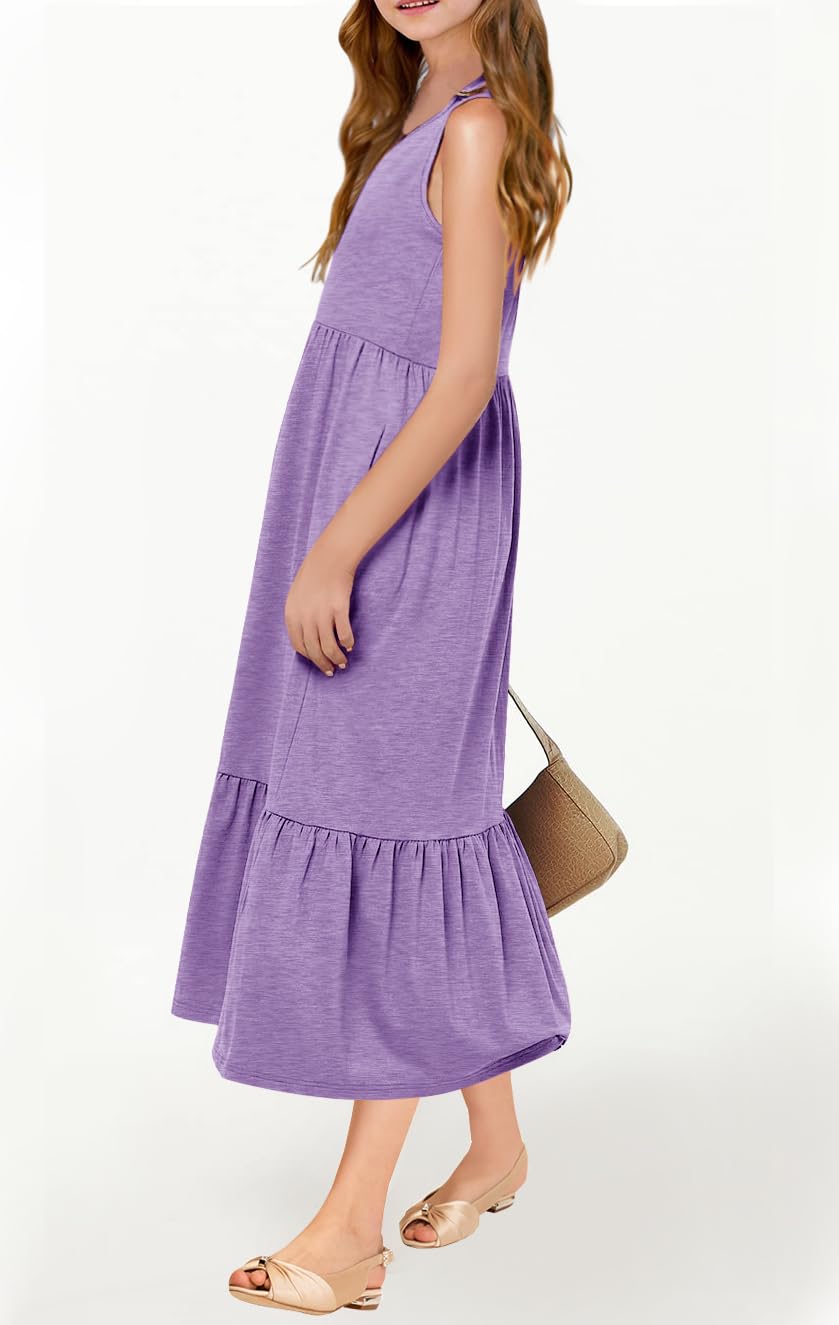 Haloumoning Girls' Dresses Summer Sleeveless Dress Round Neck Tank Top Dress Kids Long Casual Dress Sundress