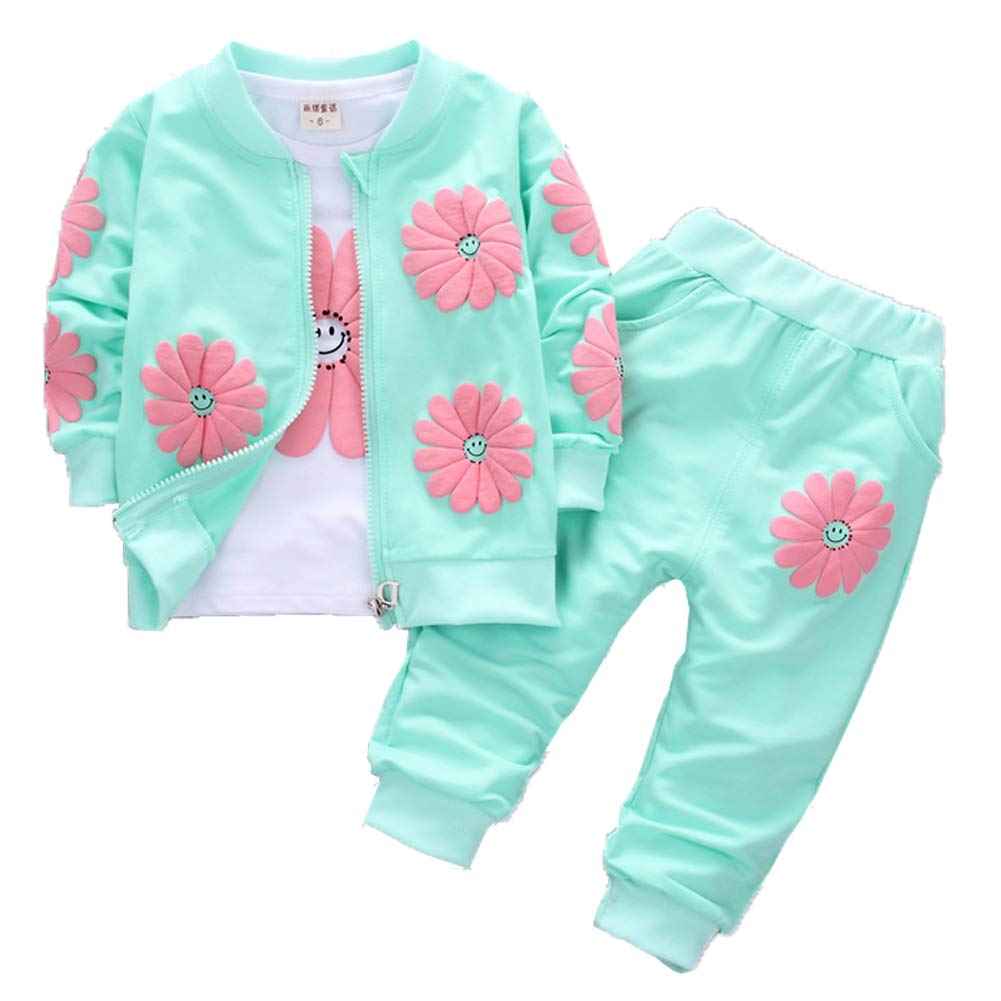 Yao 1-5 Years Toddler & Little Girls Floral Print 3-Piece Sets Zip Jacket Long Sleeve Crew Neck T-Shirt and Trousers