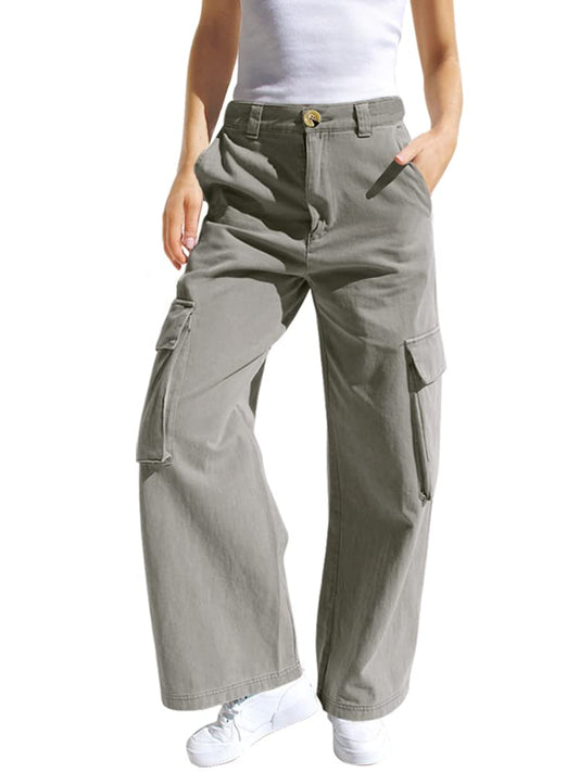 Haloumoning Girls Cargo Pants Cotton Y2K Baggy Cargo Pants Kids Straight Leg High Waist Sweatpants Casual Outdoor Pants with Elastic Waist and Pockets