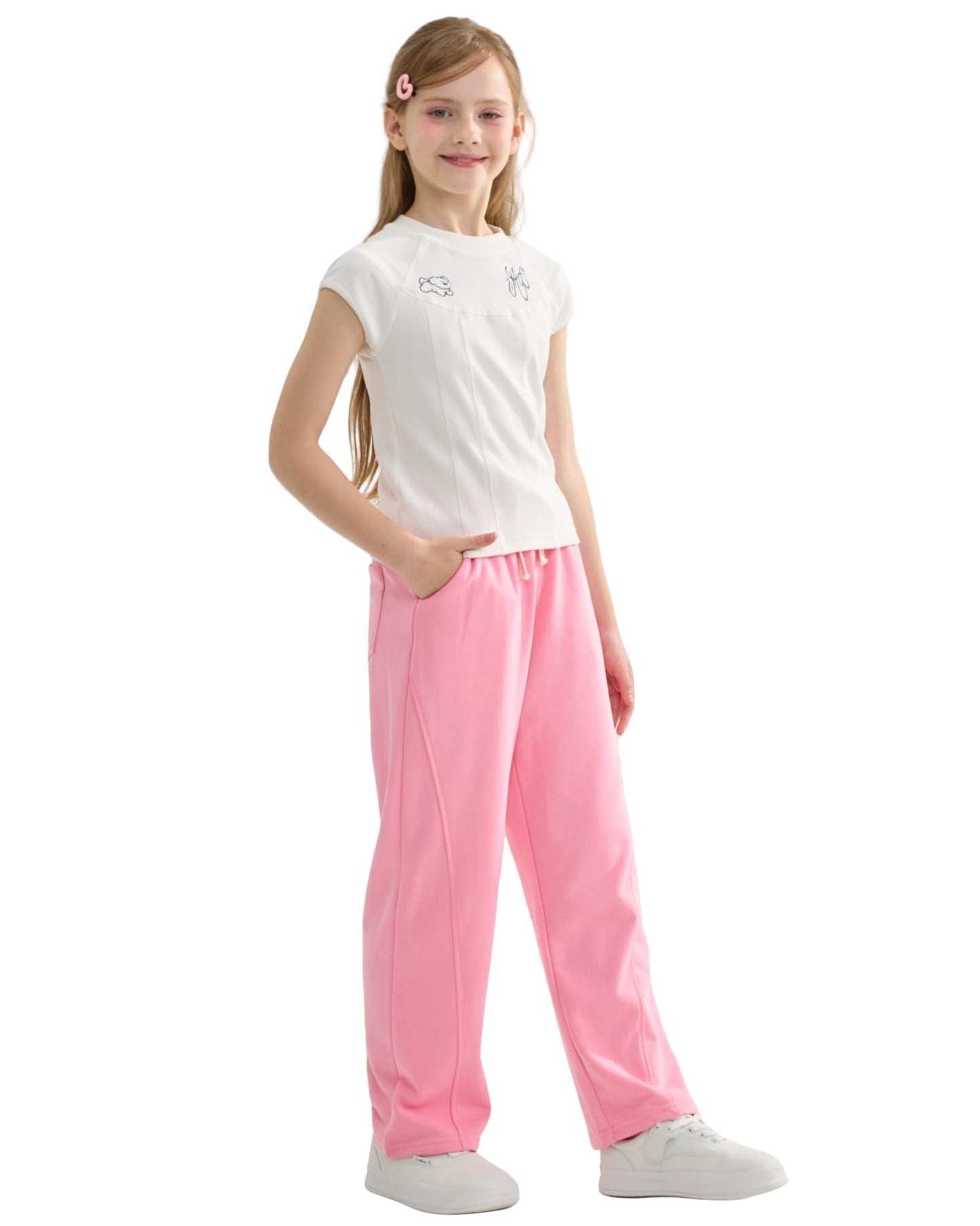 Rolanko Girls' Elastic Waistband Joggers, Loose Fit, Kids' Sports Sweatpants, Casual Comfort