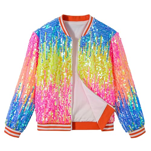 LOLANTA Girls Sequin Bomber Jacket with Pockets Zipper Long Sleeve Glitter Baseball Jackets for Kids 4-13 Years