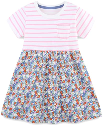 Mädchen Kleider Baumwolle Blumen Knöpfe Streifen Kurzarm T-Shirt Casual Frühling Sommer Kleid für Kinder Größe 92-122, 1-7 Jahre