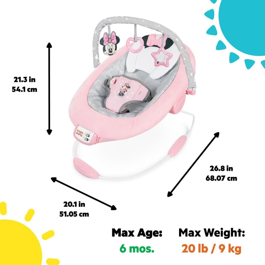 Bright Starts, Minnie Maus Rosy Skies vibrierende Babywippe Babyschaukel mit Musik, Lautstärkeregler, 3 Spielzeugen, Sicherheitsgurt, rutschfesten Füßen und mehr, Minnie Mouse, 1 Stück (1er Pack)
