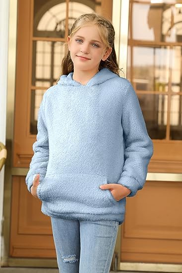 Runcati Girls' Hooded Pullover, Fuzzy Teddy Fleece Sweatshirts with Hood Pockets, Leisure, Warm, Children's Hoodies