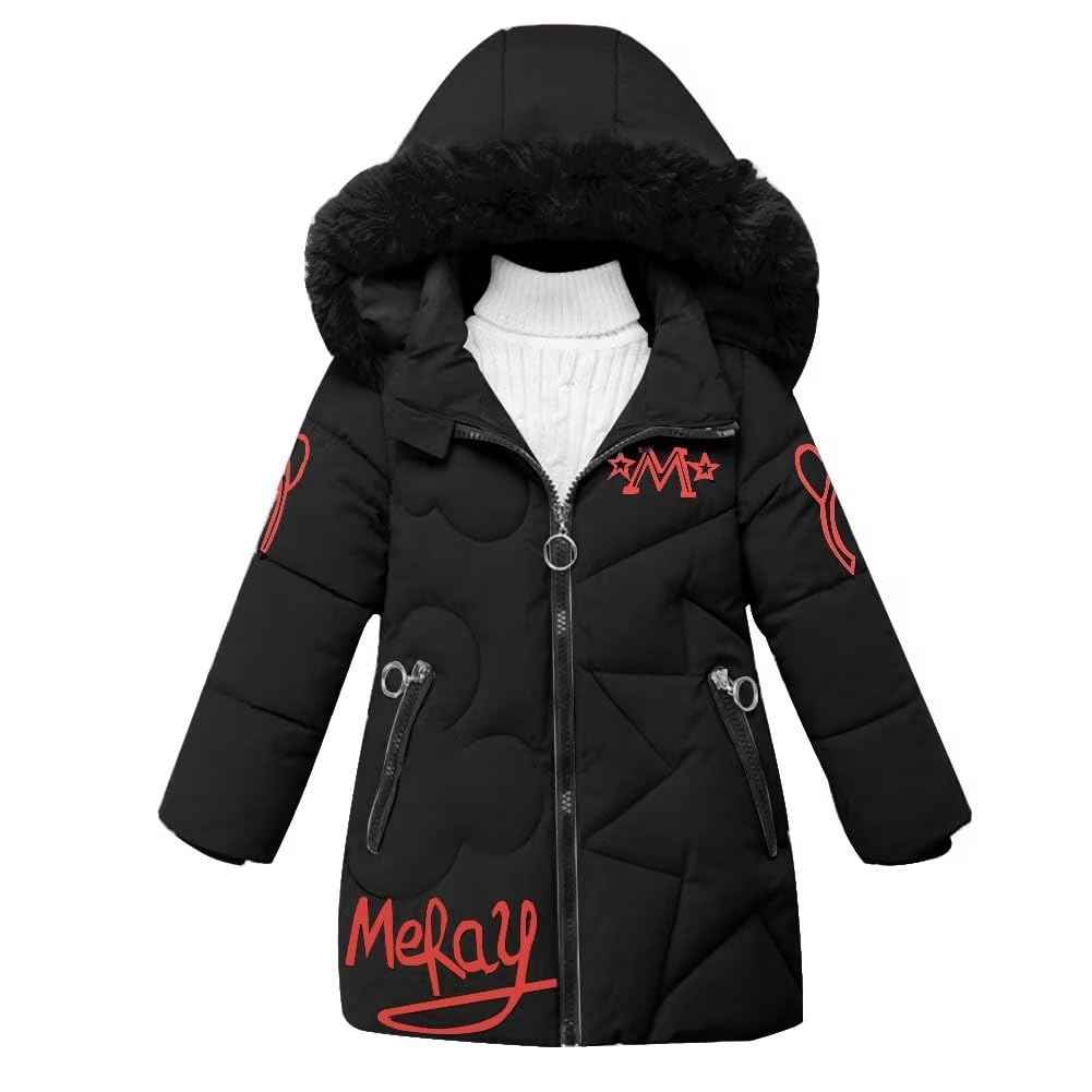 linboo Girls' Winter Jacket with Removable Fur Hood Warm Long Coat Children's Parka Outdoor Jacket with Letters and Cute Patterns