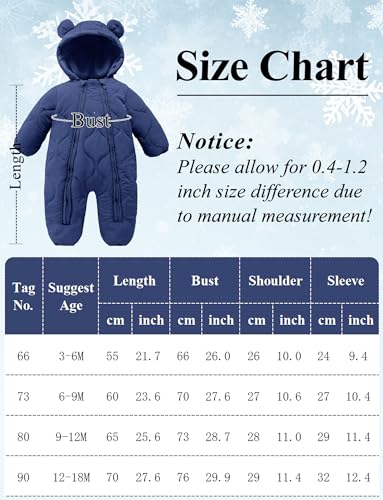 FEOYA Baby Winter Jumpsuit with Hood Snowsuit Down Suit Romper Thermal Outdoor Snow Jumpsuit Long Sleeve Down Shoes 3-18 Months