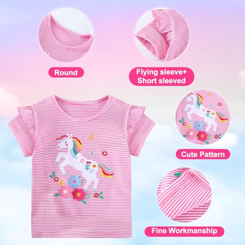 JinBei Mädchen T-Shirts Baumwolle Kinder Kurzarm Oberteile Rundhals Tops Shirts Atmungsaktiven Sommer Kleidung Niedlichen Mustern Sportshirt Casual Rosa und Weiß Streifen 2-7 Jahre, GR. 92-122