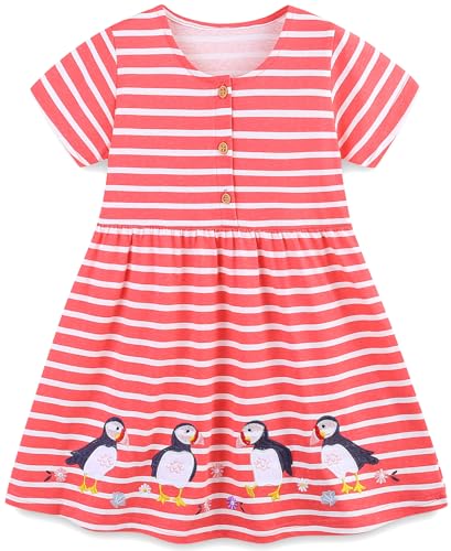 Mädchen Kleider Baumwolle Blumen Knöpfe Streifen Kurzarm T-Shirt Casual Frühling Sommer Kleid für Kinder Größe 92-122, 1-7 Jahre