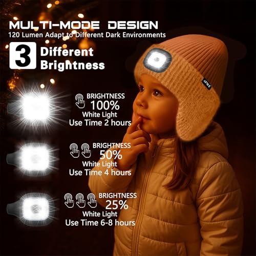 ATNKE Kinder LED Beleuchtete Ohrenklappen Mütze mit Licht,USB Wiederaufladbare 4 LED Laufmütze Stirnlampe Winter Warm Fleece Gefüttert Strick Mütze Geschenke für Jungen und Mädchen