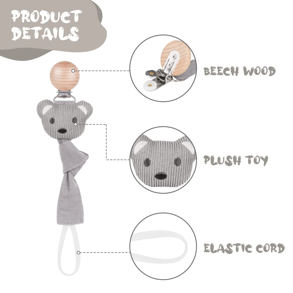 Vicloon Schnullerkette Baumwolle,3 Stück Schnullerkette Baby for Mädchen und Jungs,Baby Schnullerkette Clip Geschenk zum Baby -Bär