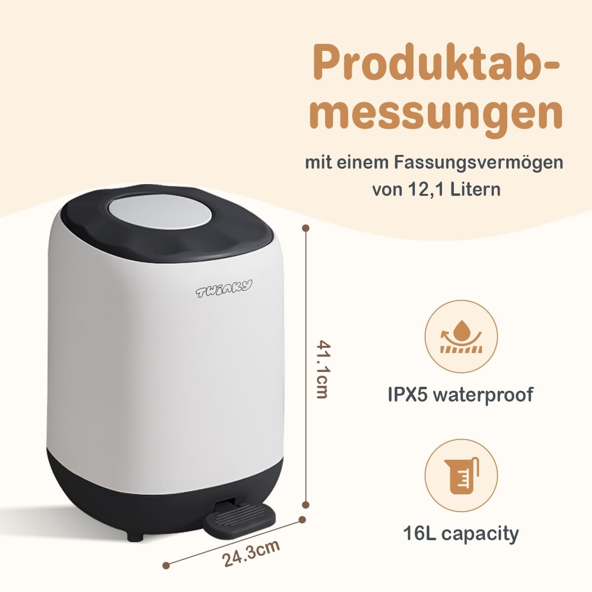 Twinky Geruchsdichter Windeleimer für Babys – Windeleimer ohne Kassette – Platzsparender Windelbehälter mit Deckel – Einfach zu benutzen & reinigen – Für normale Müllbeutel (Gris)