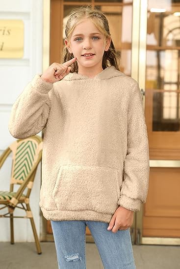 Runcati Girls' Hooded Pullover, Fuzzy Teddy Fleece Sweatshirts with Hood Pockets, Leisure, Warm, Children's Hoodies
