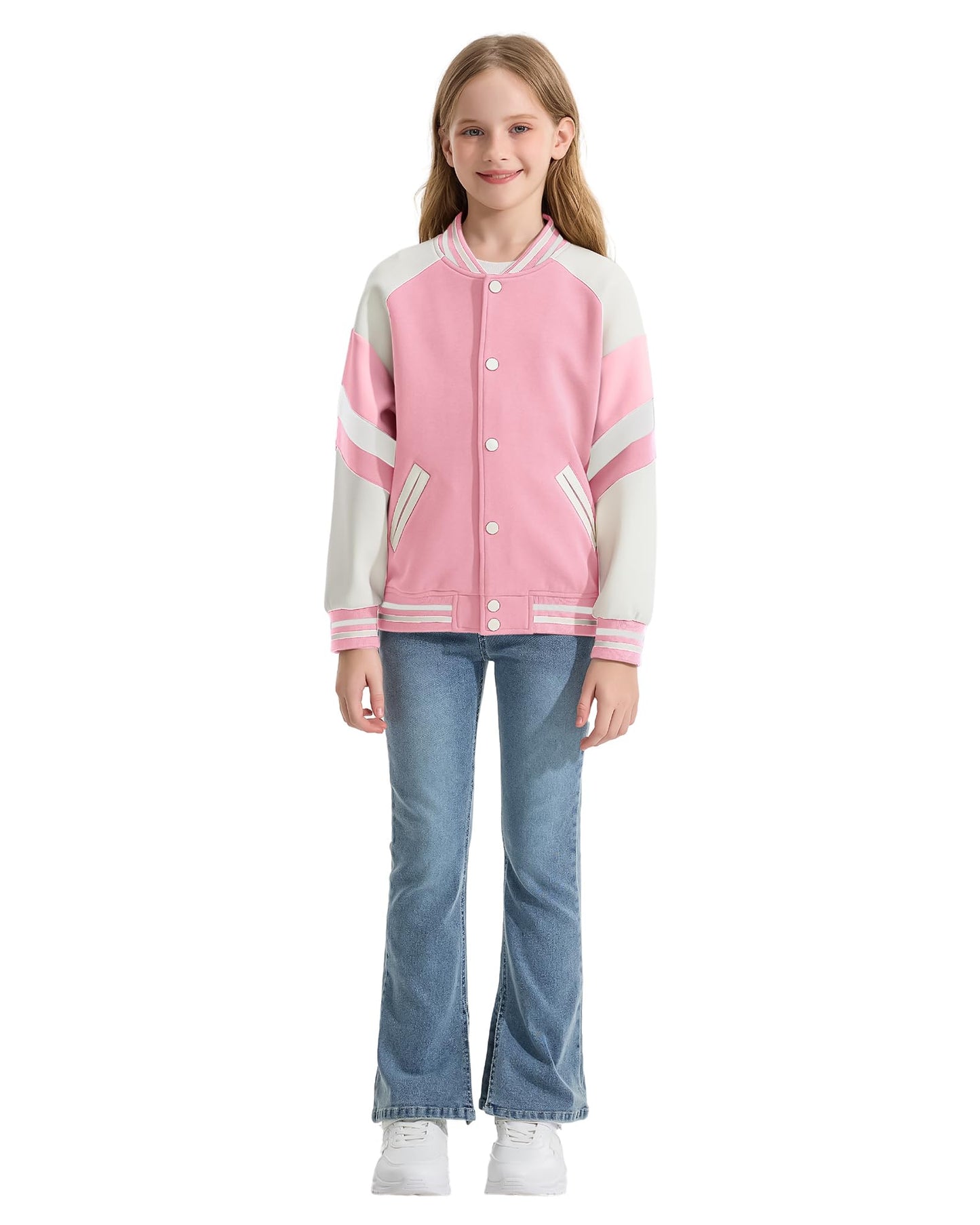Rolanko Girls Baseball Jacket Boys Varsity Style Sweat Jacket with Pockets for School Bomber Coat for Children