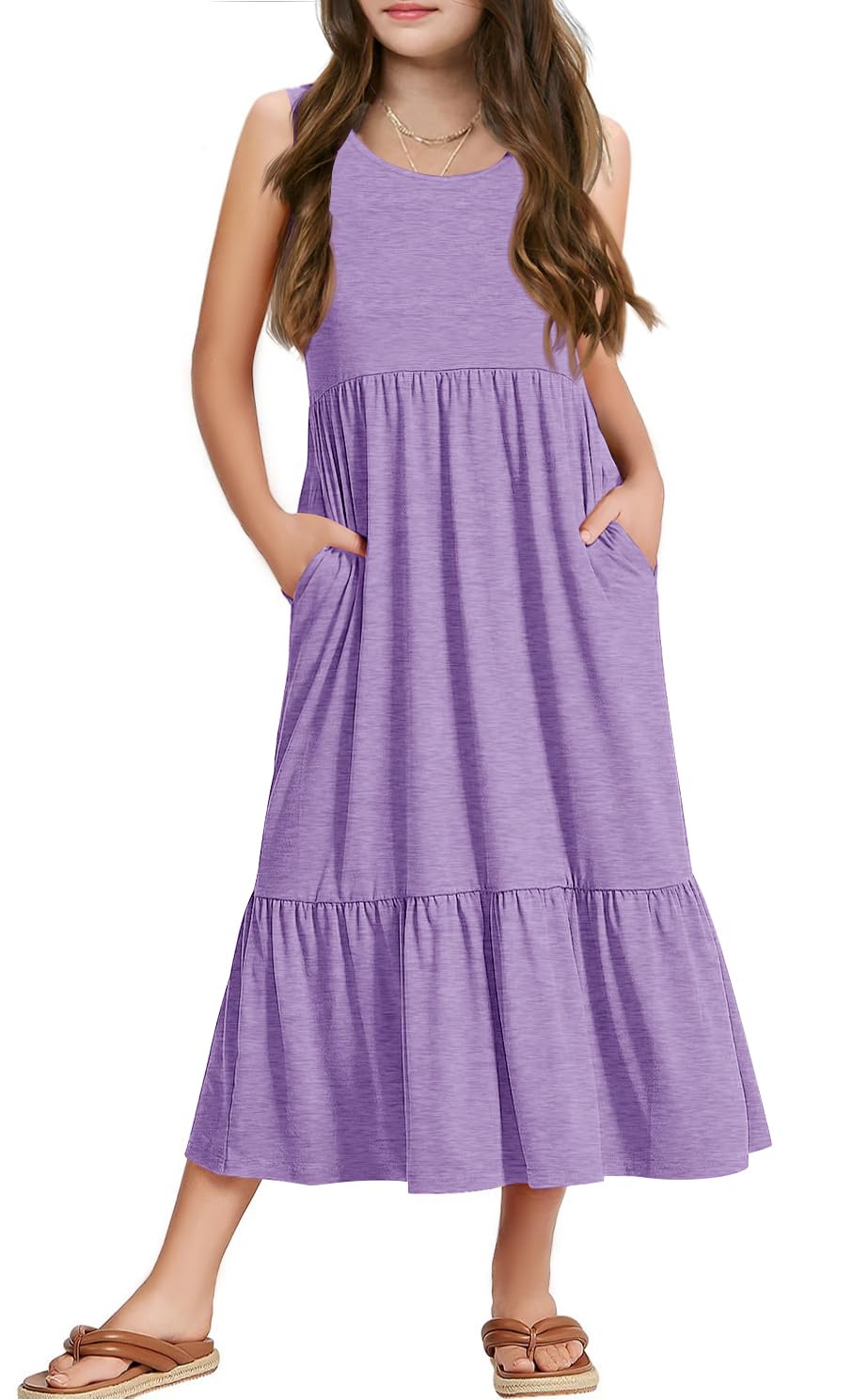 Haloumoning Girls' Dresses Summer Sleeveless Dress Round Neck Tank Top Dress Kids Long Casual Dress Sundress