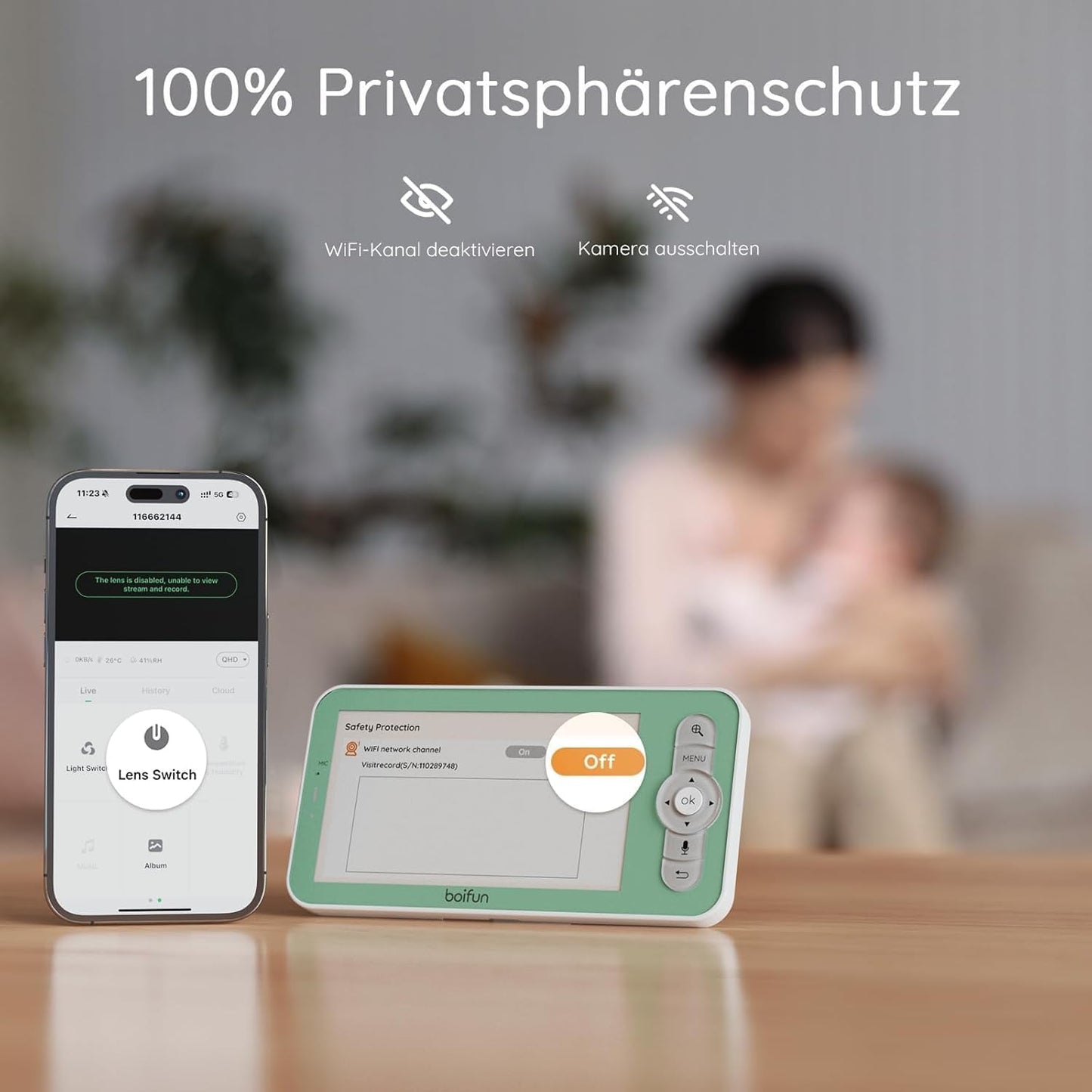 BOIFUN Babyphone mit Kamera 2K, 5-Zoll-Display, 360° PTZ, Nachtlicht | Nachtlicht, IR Nachtsicht, 360° Kamera, Handy, Weinen/Bewegungs/Geräuscherkennung, Bewegungsverfolgung, Temp&Feuchteerfassung
