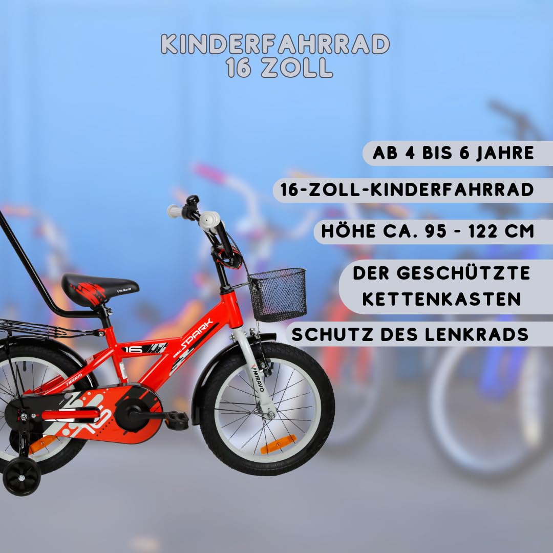 MIRAVO Kinderfahrrad Fahrrad Kinder Ab 2 Bis 8 Jahre Mit Stützrädern Schubstange V-Brake Bremsen Rückstrahl Aufkleber 12 16 20 Zoll Radgröße Korb Für Junge Spark - Meloni2