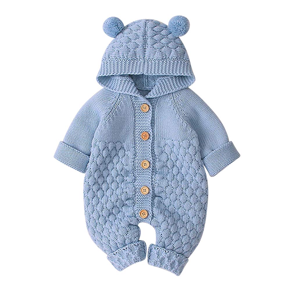 OBEEII Newborn Baby Knitted Romper Jumpsuit with Hood Ear Onesies Pullover Winter Warmer Onesie Bodysuit for Boys Girls
