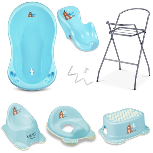 Baby Badewanne mit Gestell 4 Set TÜV Rheinland zertifiziert! Babybadewannen + Baby Badewannensitz +Abfluss + Gestell - Babywanne mit Ständer! Baby Pflegeset für Neugeborene.