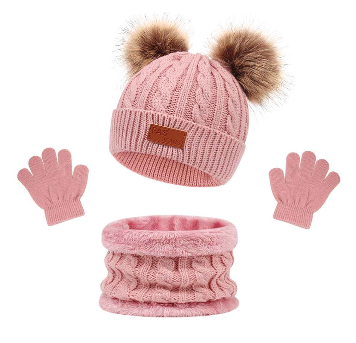 LINSOCLE 3-in-1 Children's Winter Hat Scarf Gloves Set, Knitted Hat Baby Hat Children's Hat Set, Boys Warm Winter Hat Beanie Hat Gloves Round Scarf Set for Children 2-6 Years