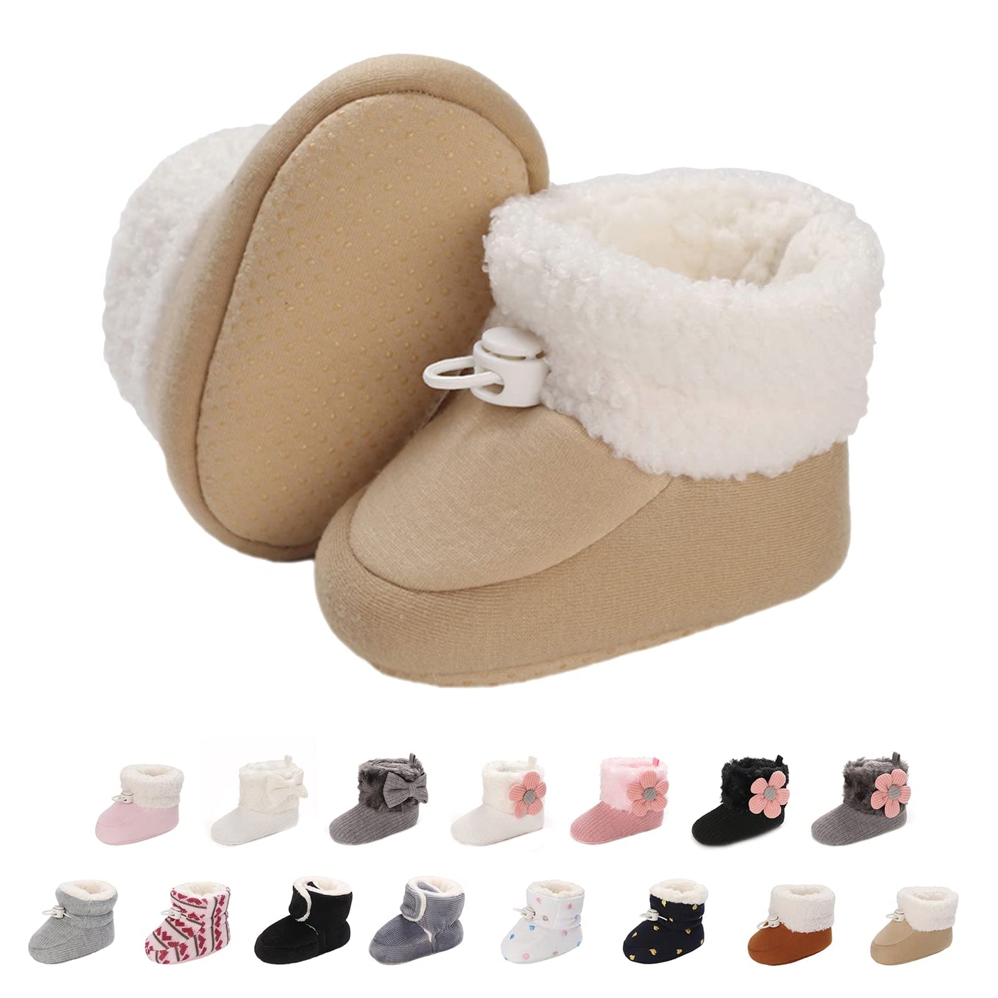 Baby Newborn Fleece Bootie, Winter Warm Non-Slip Soft Sole Winter Shoes, Sock Shoes, Cute Adjustable Crawling Shoes, Prewalker Boots for Girls and Boys, Toddler Size 0-18 Months