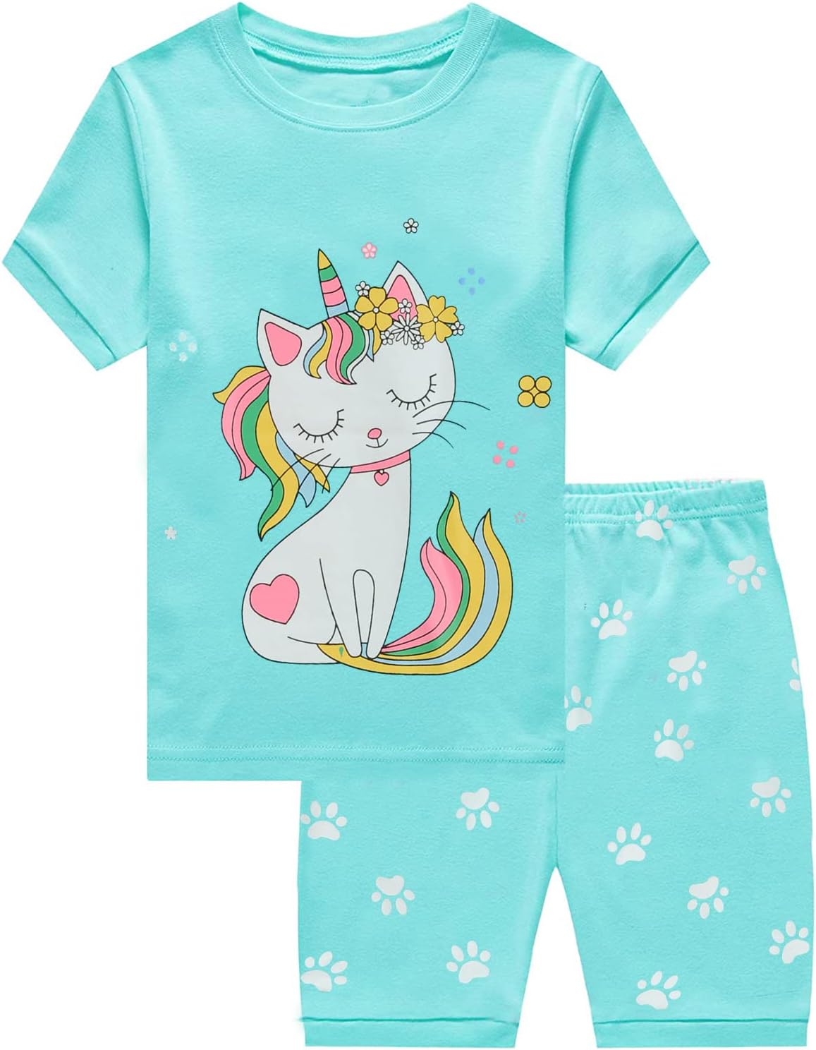EULLA Mädchen Schlafanzug Kinder Kurz Einhorn Dino Katze Prinzessin Hase Pyjama Set Sommer Kleidung Zweiteiliger Nachtwäsche Baumwolle 92 98 104 110 116 122