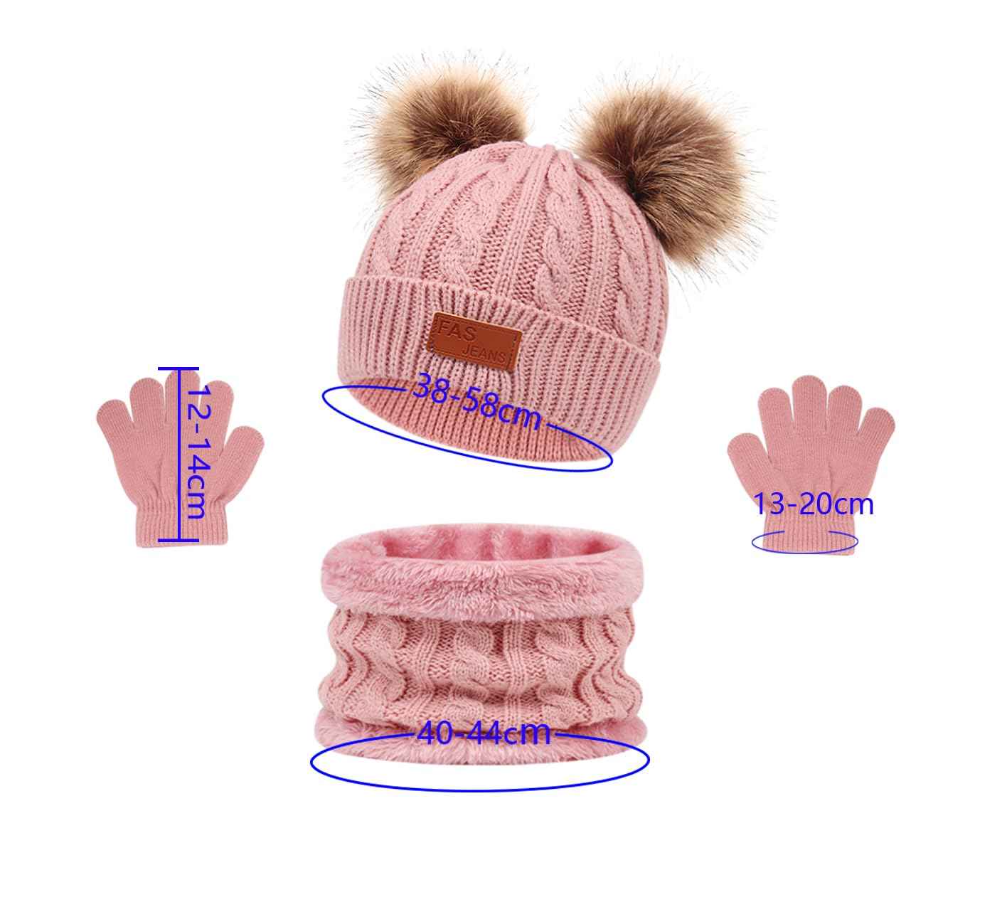 LINSOCLE 3-in-1 Children's Winter Hat Scarf Gloves Set, Knitted Hat Baby Hat Children's Hat Set, Boys Warm Winter Hat Beanie Hat Gloves Round Scarf Set for Children 2-6 Years