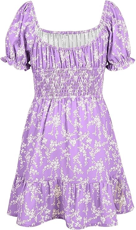 Haloumoning Girls Dresses Short Sleeve Summer Dress Kids Puffy Sleeve Floral Dress Square Neck A-Line Casual Dress Casual Party Wedding Festive Dress