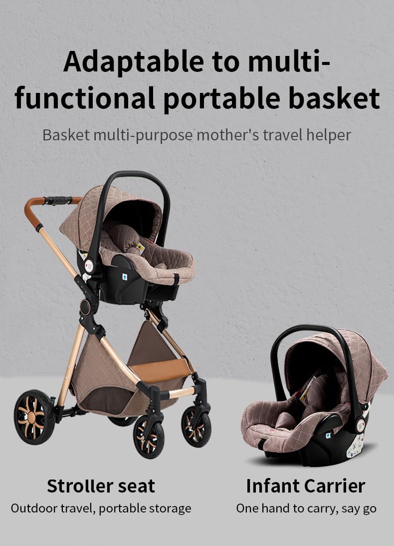 YAZOCO Kinderwagen 3 in 1 Buggy Babybett Komplett Set mit einem Klick Zusammenklappbarer Kinderwagen, KombiKinderwagen Aluminiumrahmen für Neugeborene Sitzzubehör