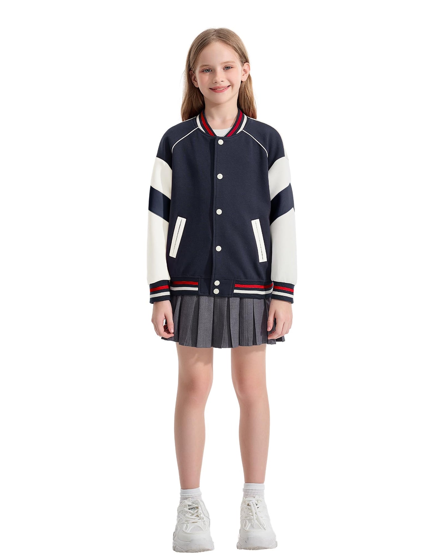 Rolanko Girls Baseball Jacket Boys Varsity Style Sweat Jacket with Pockets for School Bomber Coat for Children