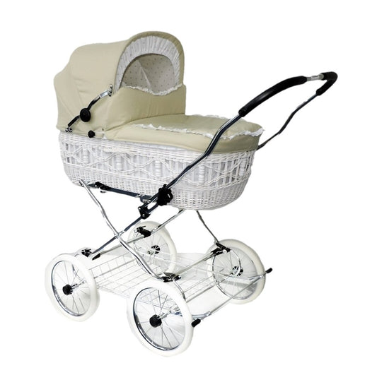 EICHHORN wicker basket stroller, white basket, beige fabric - large lying surface, soft suspension, including mattress and rain cover
