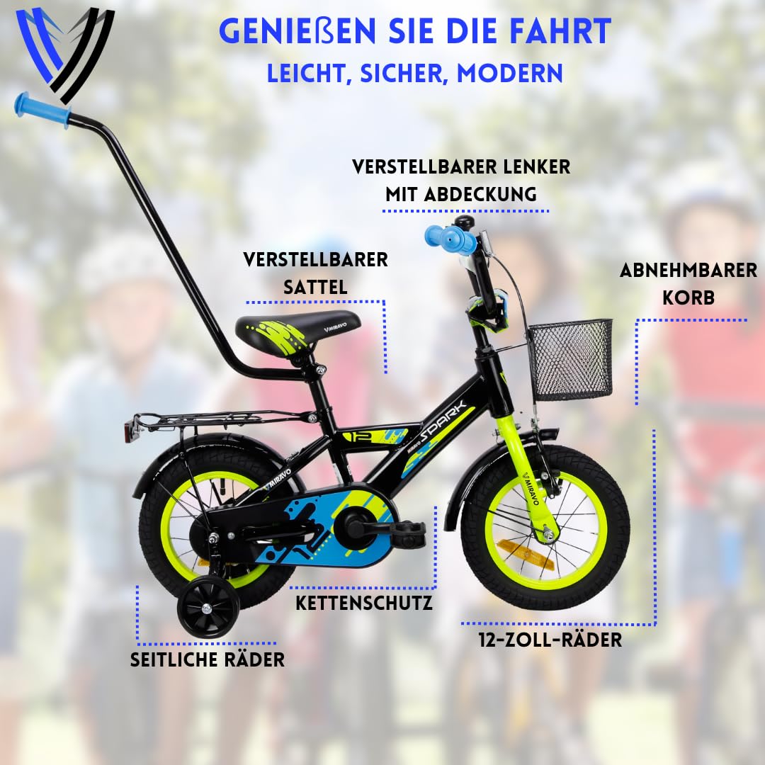 MIRAVO Kinderfahrrad Fahrrad Kinder Ab 2 Bis 8 Jahre Mit Stützrädern Schubstange V-Brake Bremsen Rückstrahl Aufkleber 12 16 20 Zoll Radgröße Korb Für Junge Spark - Meloni2