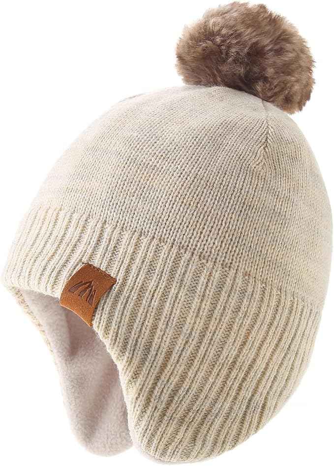 AHAHA Girls' Winter Hat, Earflap Beanie, Pompom Knitted Hats