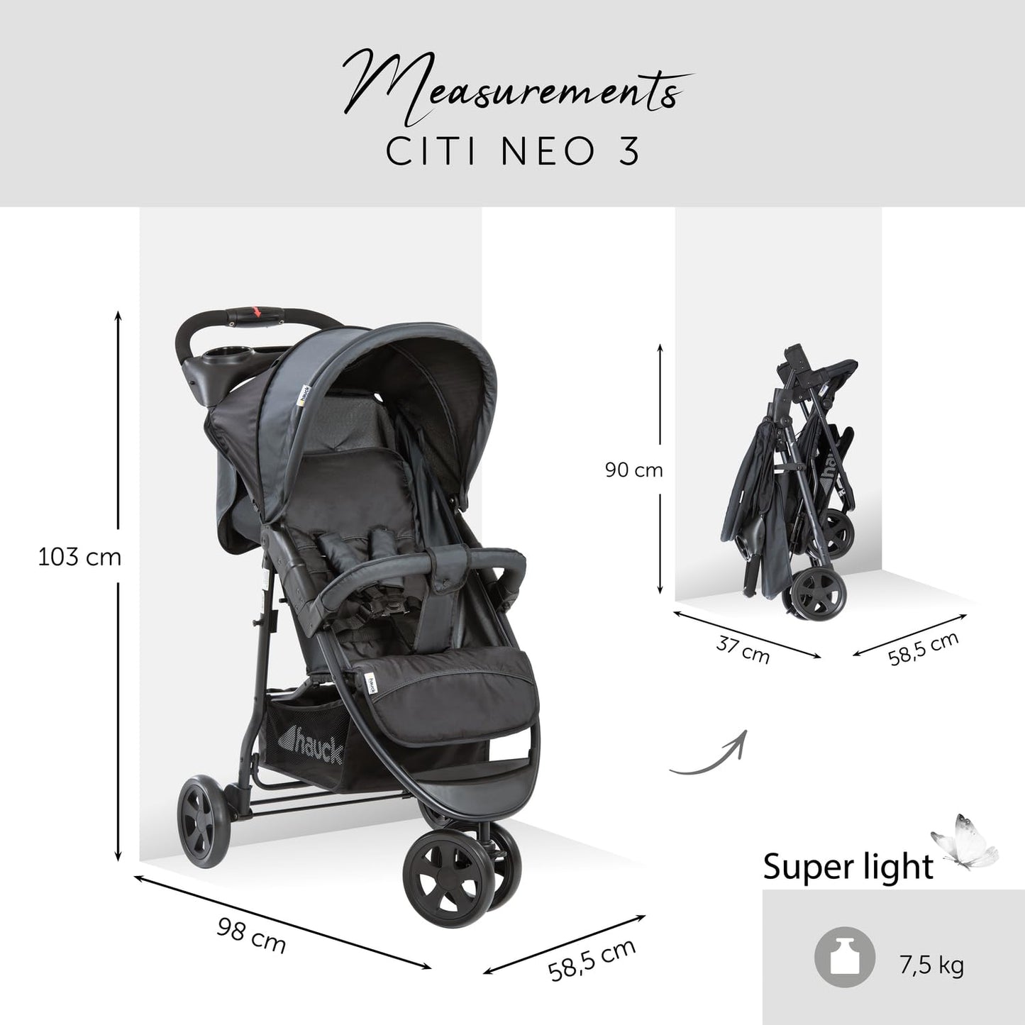 hauck Buggy Citi Neo II mit Getränkehalter, Einhändig Klein Faltbar, für Kinder ab Geburt bis 22 kg mit Liegefunktion, Tasche im Verdeck, XL Korb bis 3 kg (Black)