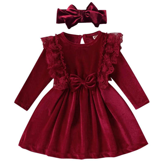 Baby Dress Girls Long Sleeve Lace A Line Princess Velvet Dress + Headband Wedding Festive Autumn Winter Clothing