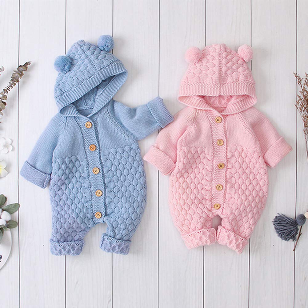 OBEEII Newborn Baby Knitted Romper Jumpsuit with Hood Ear Onesies Pullover Winter Warmer Onesie Bodysuit for Boys Girls