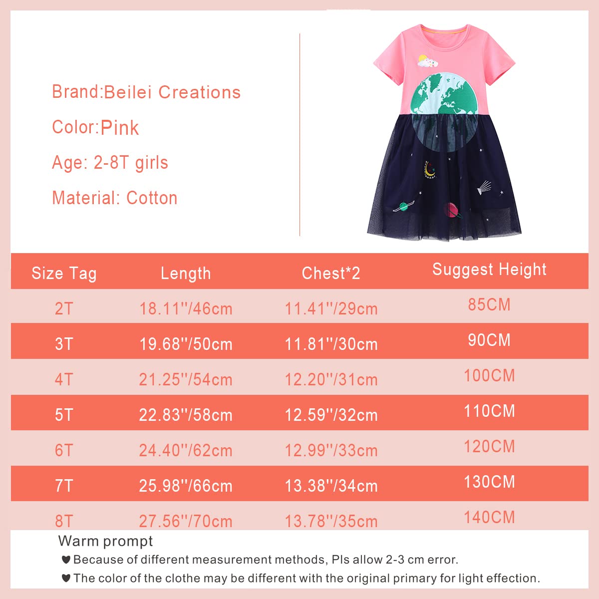 Beilei Creations Mädchen Kleider Kurzarm Baumwolle Kinder Kleid Süßes Muster Gr.85-140